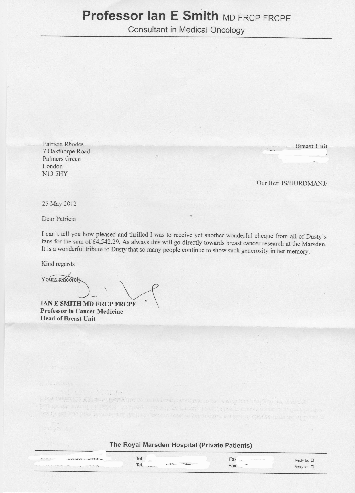 Letter from Royal Marsden 2012